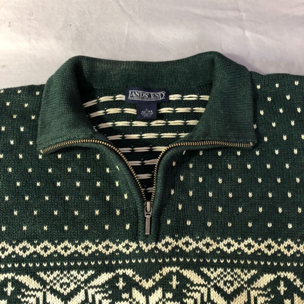 Vintage Nordic Snowflake 1/4 Zip Pullover Sweater Land's End Large Forest Green - Picture 7 of 9
